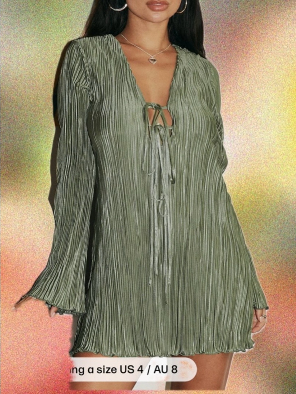 Olive Green Pleated Tie-Front Mini Dress